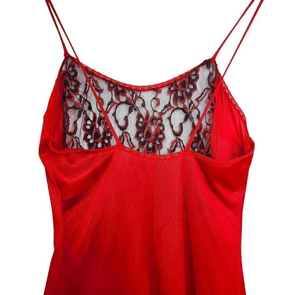 Vintage 1960 BOLD Red & Black Lace Floral Liquid Satin Nylon Maxi long Lingerie - Picture 8 of 10